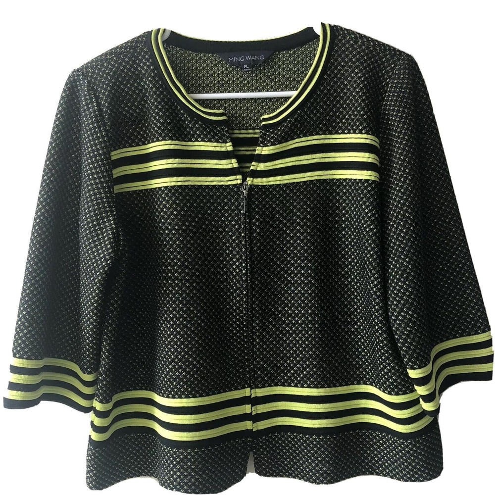 Ming Wang Neon Yellow Black Zipper Swing Jacket Stripes